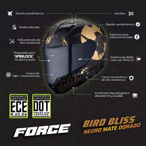 Capacete de motocicleta Hax Force Bird Bliss Integral Dot + Ece 22.06 preto/dourado S