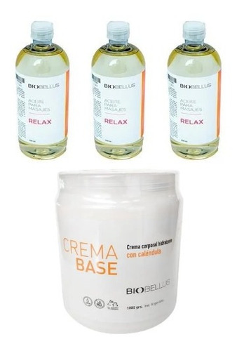 3 Aceites Masajes Relax 500ml + Crema Base 1kg Biobellus