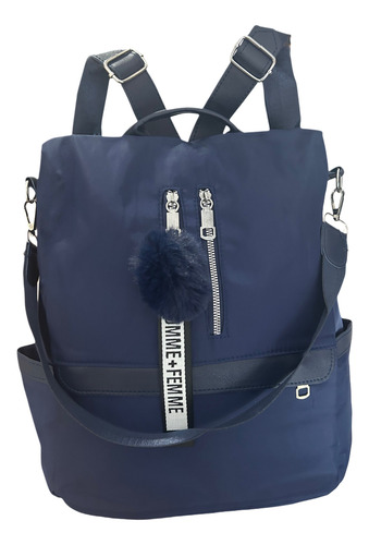 Bolsa Mochila Feminina Antifurto Com Alça Transversal Pompom Azul-escuro Liso