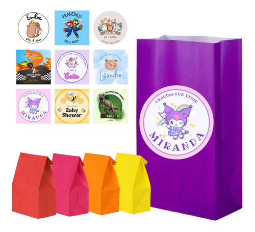 10 Bolsita Golosinera Con Sticker Personalizado Cumpleaños Multicolor Lisos