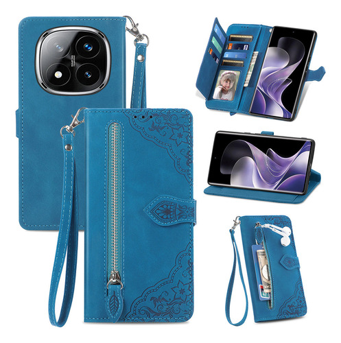 Funda De Piel Emboss Flowers Con Cremallera Para Redmi Note