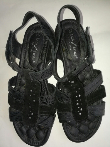 Sandalias Vestir Lady Stork T.38 Negras Taco Bajo Con Abrojo