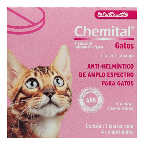 Vermífugo Chemital Chemitec Para Gatos C/ 4 Comp Kit 4 Cxs