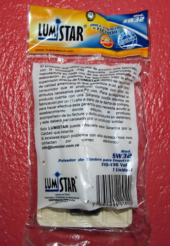 Pulsador Interruptor Para Timbre Lumistar Empotrable Sellado