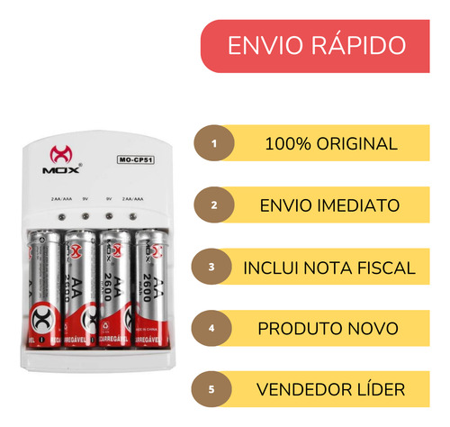 Carregador Super Rápido + 4 Pilhas Recarregável Aa 2600mah