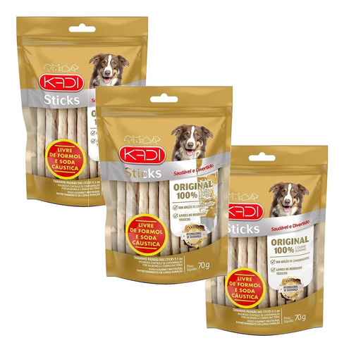 Pack Com 3 Petiscos Osso Palito Cães Sticks Natural Kadi 70g