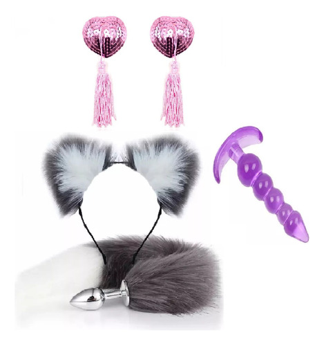 Set 1 Plug Anal Cola Zorro + 1 Plug Silicón Juguete Fetish 