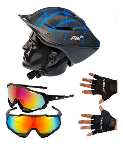 Kit Capacete Ciclismo + Óculos Bike + Luvas