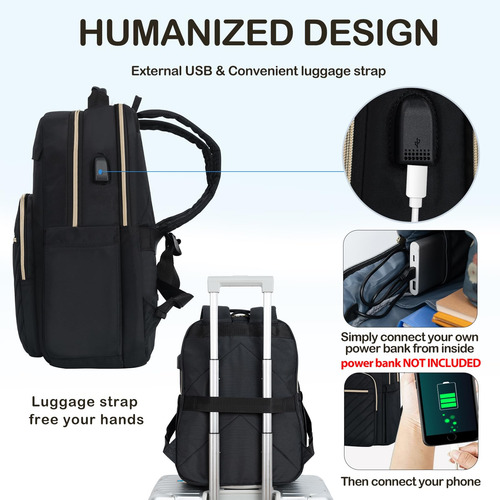 Mochila Para Portátil Mujer Usb Acolchada Negra