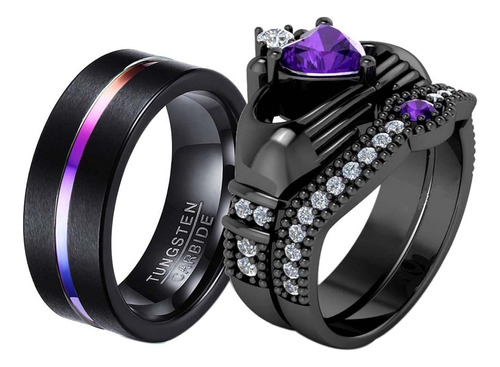 Anillos De De Oro Negro Con Relleno De Corazn De Corte Prpur