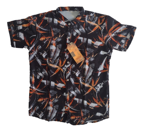 Camisa Estampada Negro Para Hombre Cuello Militar. Tallas