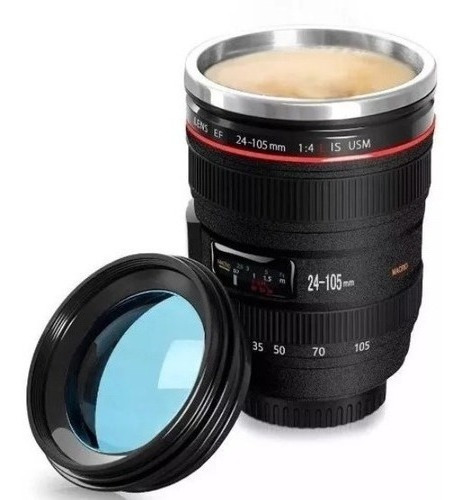 Taza En Forma De Lente De Camara 300 Ml Termo Con Tapa Azul Color Negra