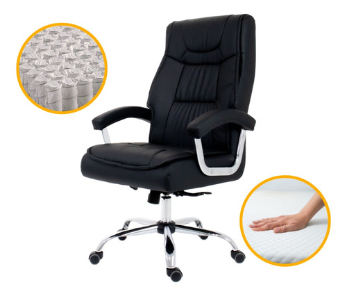 Cadeira De Escritório Presidente Executiva Alta Wing Com Molas Ensacadas Pillow Top Sistema Relax Regulagem De Altura Giratória Suporta 150 Kg