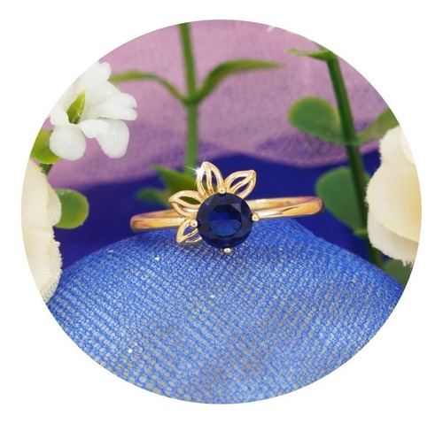 Anillo Compromiso Oro 24k Estilo Media Flor Zafiro Elegante 