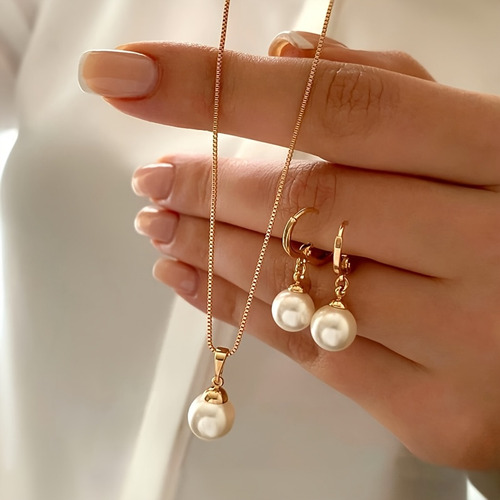 3 Piezas Conjunto De Joyería De Perlas Falsas Elegantes -