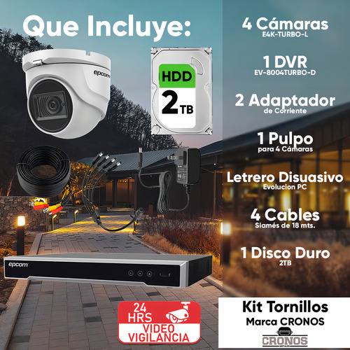 Epcom Kit De 4 Camaras De Seguridad Metalicas Eyeball 8mp Protección Ip66 Para Uso Exterior + Dvr 4ch Turbohd Con Detección De Movimiento Y Salida De Alarma +2tb Hdd Modelo Ev8004e4k-plus+2tb
