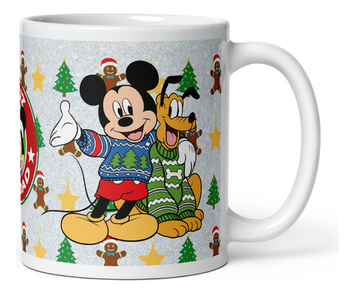 Taza Mouse Pad Y Posavaso Mickey Y Pluto Feliz Navidad Md4