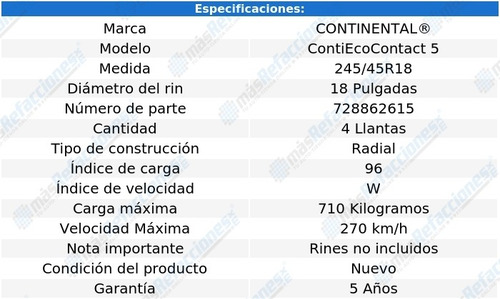 Kit De 4 Llantas 245/45r18 96w Continental Contiecocontact 5