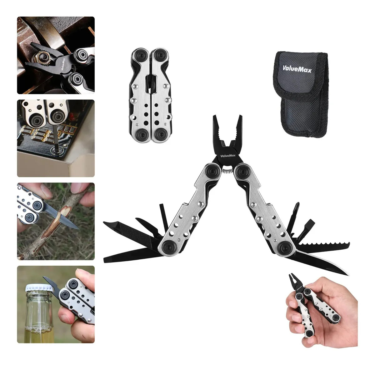 Pinzas multifuncionales 13 en 1 acero inoxidable ValueMax Multiherramienats, Mini alicates plegables con navajas, desarmadores, lima, sierra, Edc, Ideal para camping, pesca, sender
