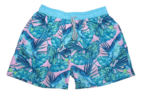 Bañador Hombre Y Niños Hojas Fondo Rosado Pantaloneta Grey