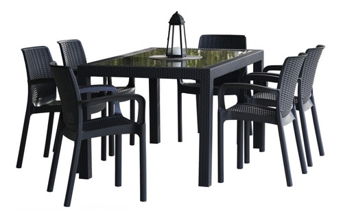 Juego De Jardin Simil Rattan: Mesa Plástica Con Tapa De Vidrio + 6 Sillas Plásticas Apilables - Para Exterior - Voss2000