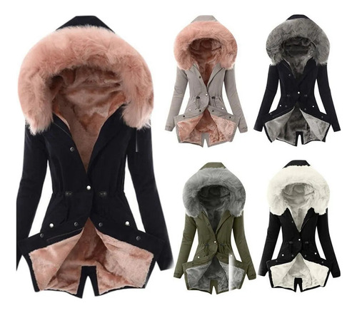 Parka Com Capuz Feminino Com Forro De Lã, Gola De Pele,