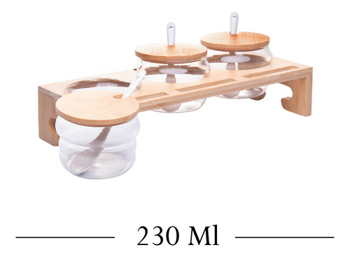 Porta Temperos de Vidro Borossilicato com Tampa e Suporte de Bambu Conjunto Com 3 Potes de 230ml - Wolff