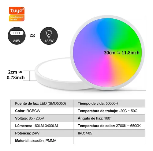V Lámpara De Techo Inteligente Tuya Wifi Bluetooth Rgbcw 24w
