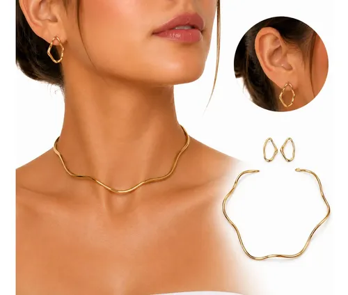 Kit De Colar Feminino Orgânico Choker Rígida Com Brincos Dourado