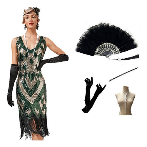 1920s Vintage Gatsby Sexy Cuello En V Vestido De Noche Lentejuelas Borla Vestido Accesorios Ventilador Conjunto