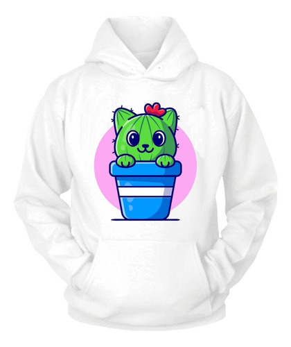 Sudadera Unisex Blanca Cactus Cat Adulto Y Niños Sublimada 