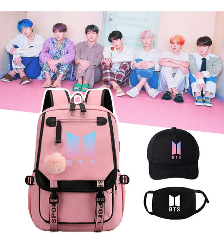 Mochila Escolar K-pop Bts Para Estudiantes, Máscara Y Gorro