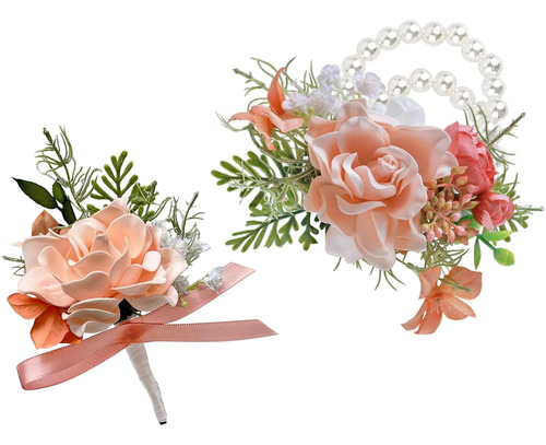 Conjunto De Corsage Y Boutonniere, Polvo Ruborizado Hecho A