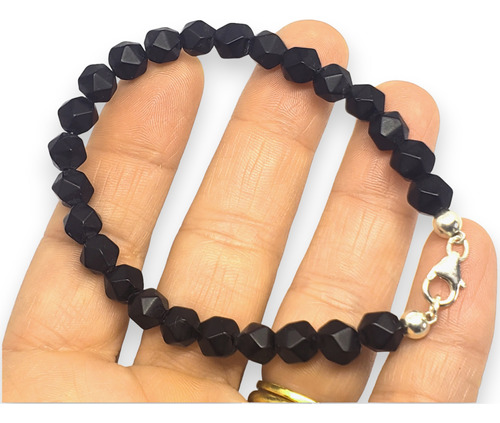 Pulsera Plata 925 Piedras Negra Obsidiana Hombre