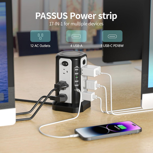 Regleta De Alimentación Con Usb C Y 4 Puertos Usb A, 12 Toma