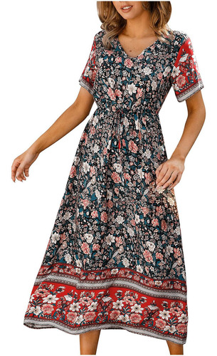 4n Vestido De Mujer Bohemio Vintage Con Cuello En V Corto Su