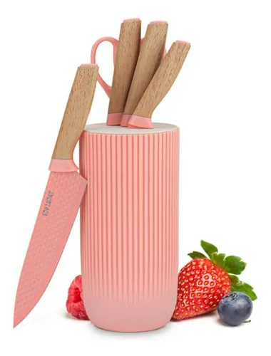 Set De Cuchillos De Cocina 6 Pzas Rosa Con Block Redondo Rem