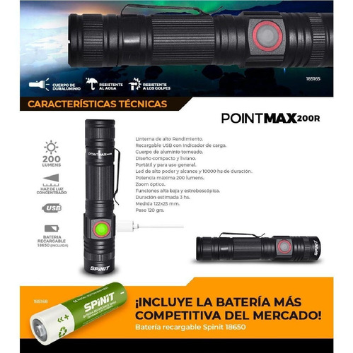 Imagen 3 de 6 de Linterna Led Spinit Pointmax 200r De Mano Recargable Usb