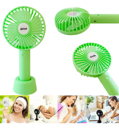 Mini Ventilador De Mano Portátil Recargable Por Usb Con Base Para Escritorio 3 Velocidades Color Verde Marca Dosyu