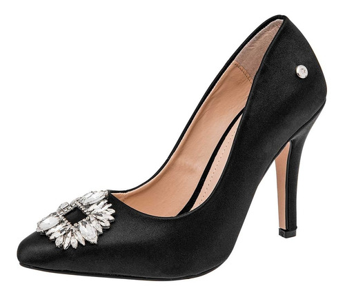 Zapatilla Cerrada Con Pedreria Stilettos Acabado Satin Negro