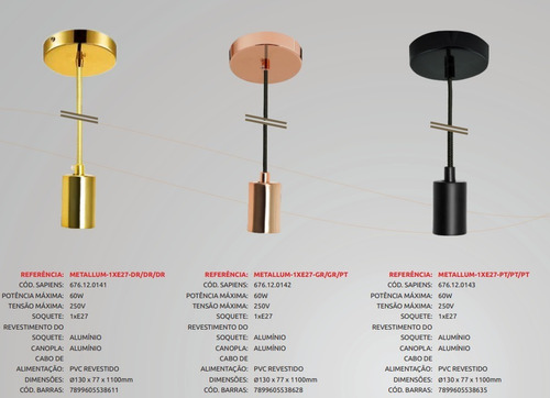 Pendente Metallum Gold Rose 1xe27 C/ Canopla Gold Rose Cabo