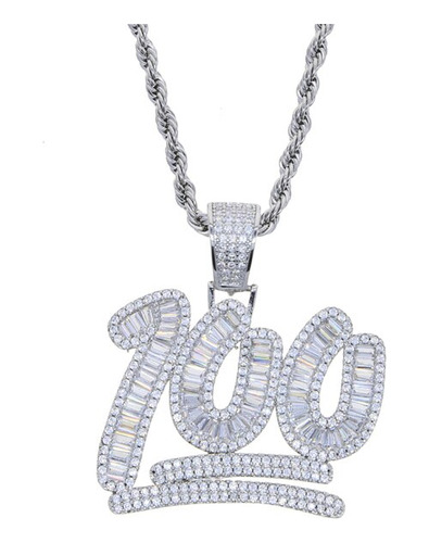 Iced Out Bling 5a Cz Paved Number 100 Charm Colgan Silver 24
