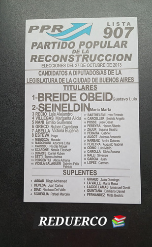 Boleta Electoral 2013 Ppr Breide Obeid M. M. Sineldín 27/10 (Usado)