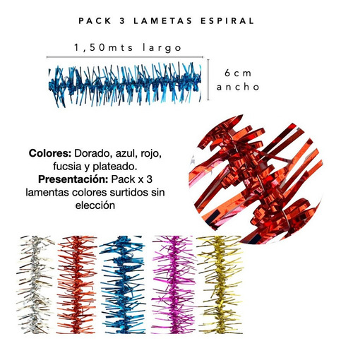 Imagen 2 de 10 de Lameta Colores Espiral Pack X 3 - Boa Guirnalda Deco Navidad