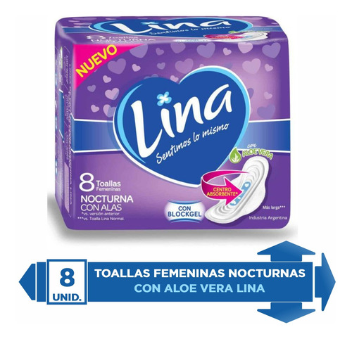 Toallitas Femeninas Lina Nocturna Con Alas 8 Unidades