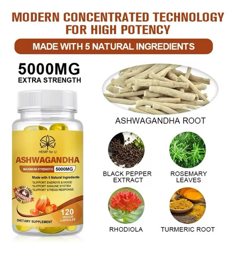Ashwagandha 5000mg Vegetarianas, Estrés, Cerebro, Memoria