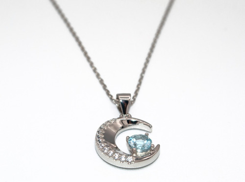 Imagen 1 de 6 de Collar Luna Creciente Topacio Azul Y Circones, Plata 925