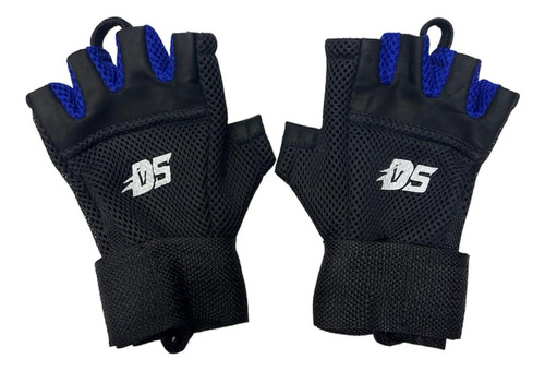 Guantes Fitness Entrenamiento Con Muñequera Cuero Negro Azul