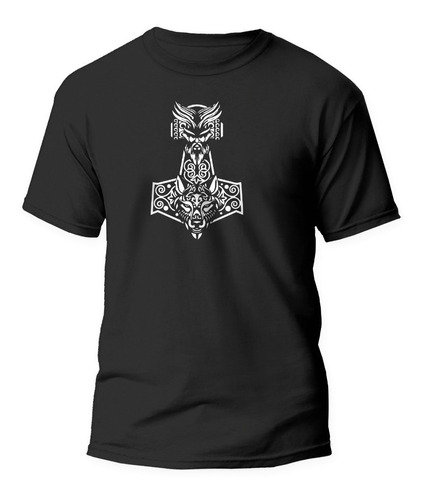 Playera Negra Vikinga Diseño Vikingo Mjolnir, Thor, Fenrir