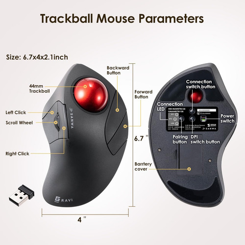 Trackball Inalámbrico Ergonómico Sanwa Bluetooth 5.1 + 2...